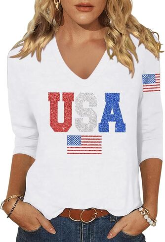 Woffccrd Womens 3/4 Sleeve V Neck American Flag T-Shirts 4th of July Independence Day Summer Graphic Tee Tops in Saudi Arabia