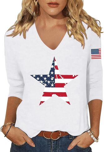 Woffccrd Womens 3/4 Sleeve V Neck American Flag T-Shirts 4th of July Independence Day Summer Graphic Tee Tops in Saudi Arabia