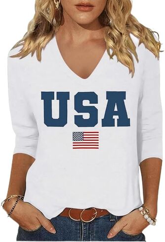 Woffccrd Womens 3/4 Sleeve V Neck American Flag T-Shirts 4th of July Independence Day Summer Graphic Tee Tops in Saudi Arabia