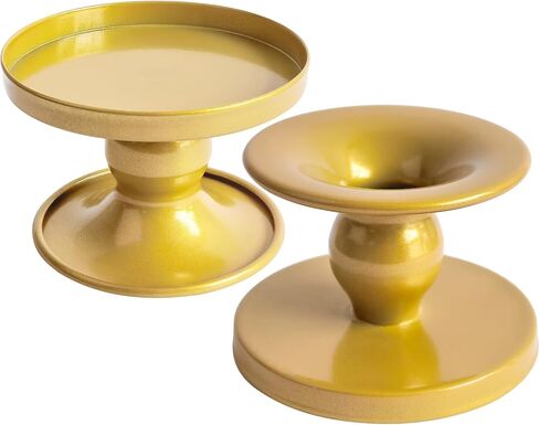 Table Gold Candle Holders – Set of 2 | Reversible Metal Candle Stand for Pillar & Taper Candles | Stylish Tabletop Candle Tray for Home Décor, Weddings & Special Occasions (Gold) in Saudi Arabia
