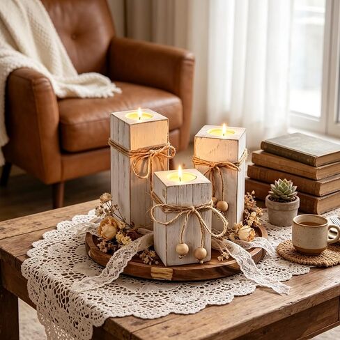 Flameless Candles Farmhouse Decor Set of 6, Candles with Wood Holders & Round Decorative Tray, Rustic Decor for Living Room, Kitchen & Dining Mantel Fireplace & Coffee Table in Saudi Arabia