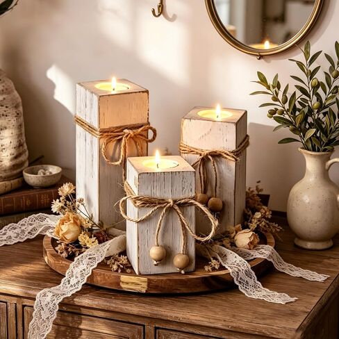 Flameless Candles Farmhouse Decor Set of 6, Candles with Wood Holders & Round Decorative Tray, Rustic Decor for Living Room, Kitchen & Dining Mantel Fireplace & Coffee Table in Saudi Arabia