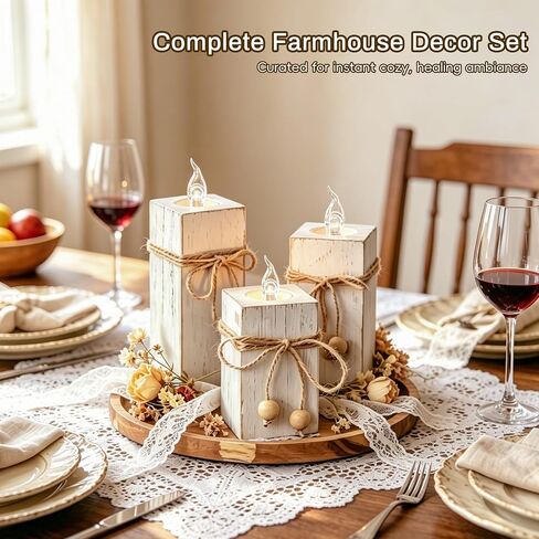 Flameless Candles Farmhouse Decor Set of 6, Candles with Wood Holders & Round Decorative Tray, Rustic Decor for Living Room, Kitchen & Dining Mantel Fireplace & Coffee Table in Saudi Arabia