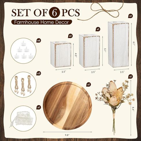 Flameless Candles Farmhouse Decor Set of 6, Candles with Wood Holders & Round Decorative Tray, Rustic Decor for Living Room, Kitchen & Dining Mantel Fireplace & Coffee Table in Saudi Arabia