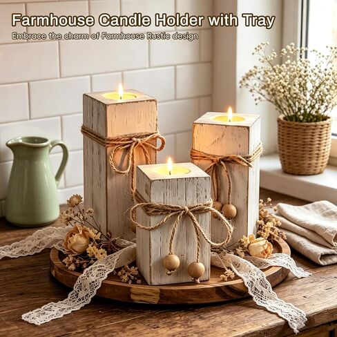 Flameless Candles Farmhouse Decor Set of 6, Candles with Wood Holders & Round Decorative Tray, Rustic Decor for Living Room, Kitchen & Dining Mantel Fireplace & Coffee Table in Saudi Arabia