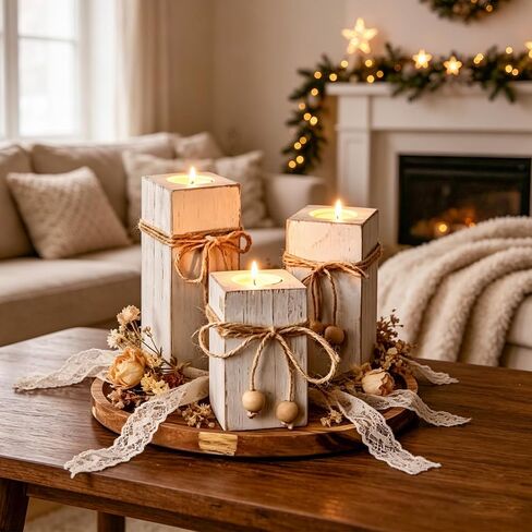 Flameless Candles Farmhouse Decor Set of 6, Candles with Wood Holders & Round Decorative Tray, Rustic Decor for Living Room, Kitchen & Dining Mantel Fireplace & Coffee Table in Saudi Arabia