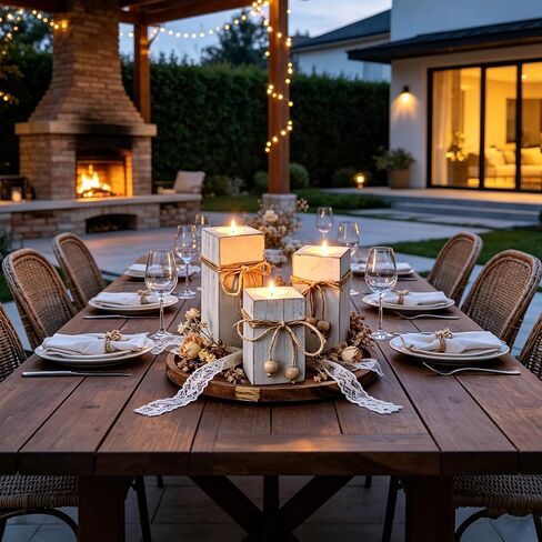 Flameless Candles Farmhouse Decor Set of 6, Candles with Wood Holders & Round Decorative Tray, Rustic Decor for Living Room, Kitchen & Dining Mantel Fireplace & Coffee Table in Saudi Arabia