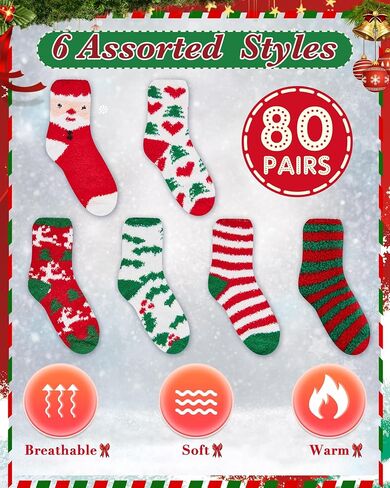 Taiyin 80 Pairs Kids Christmas Fuzzy Socks Bulk Fluffy Winter Warm Slipper Sock Plush Soft Xmas Gifts in Kuwait