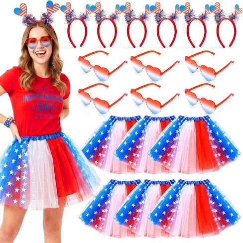 6 Set 4th of July Accessories for Women USA Patriotic Tutu Headband and Glasses Red White and Blue Costume in Kuwait