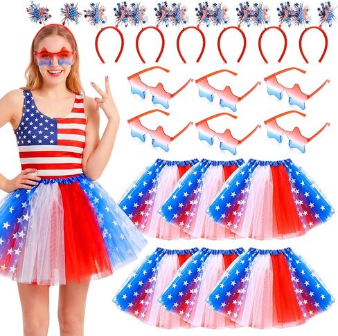 6 Set 4th of July Accessories for Women USA Patriotic Tutu Headband and Glasses Red White and Blue Costume in Kuwait
