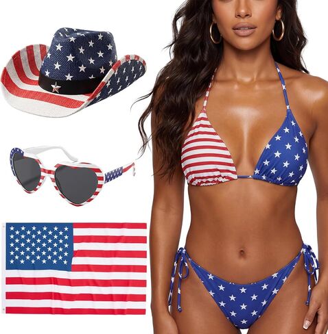 JaGely 4pk Patriotic Outfit Bikini Swimsuit American Flag Cape Western Cowboy Hat Sunglasses for 4th of July Independence Day in Kuwait