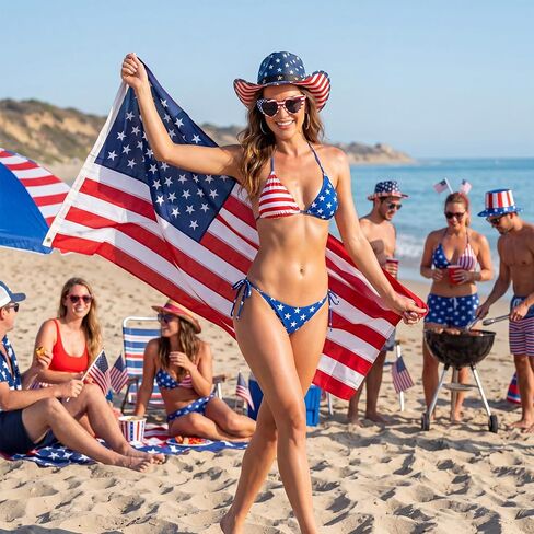 JaGely 4pk Patriotic Outfit Bikini Swimsuit American Flag Cape Western Cowboy Hat Sunglasses for 4th of July Independence Day in Kuwait