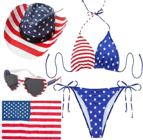 JaGely 4pk Patriotic Outfit Bikini Swimsuit American Flag Cape Western Cowboy Hat Sunglasses for 4th of July Independence Day in Kuwait