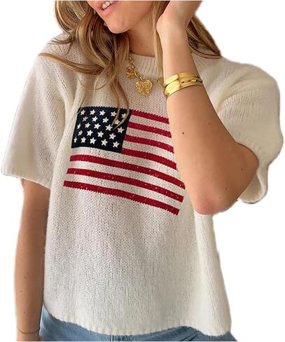 Womens American Flag Short Sleeve Sweater Crewneck USA Graphic Patriotic Knit T-Shirt 4th of July Crop Tops in Kuwait