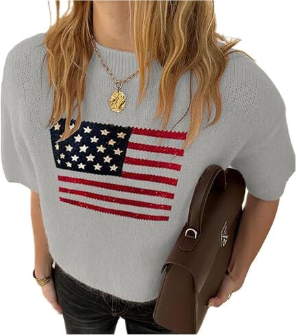 Womens American Flag Short Sleeve Sweater Crewneck USA Graphic Patriotic Knit T-Shirt 4th of July Crop Tops in Saudi Arabia