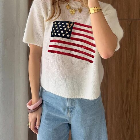 Womens American Flag Short Sleeve Sweater Crewneck USA Graphic Patriotic Knit T-Shirt 4th of July Crop Tops in Kuwait