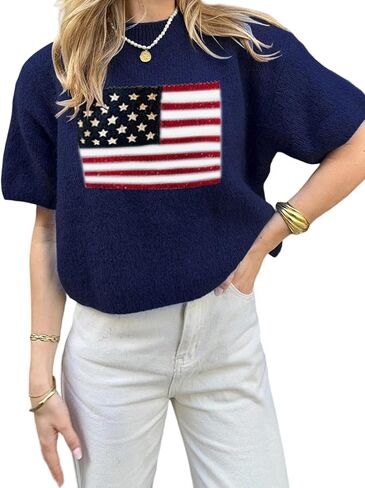 Womens American Flag Short Sleeve Sweater Crewneck USA Graphic Patriotic Knit T-Shirt 4th of July Crop Tops in Kuwait