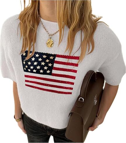 Womens American Flag Short Sleeve Sweater Crewneck USA Graphic Patriotic Knit T-Shirt 4th of July Crop Tops in Kuwait