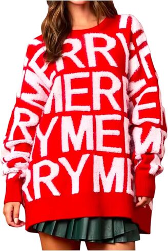 Holiday Merry Christmas Sweater for Women – Cozy Oversized Knit, Festive Red Holiday Pullover, Cute Christmas Sweater in Saudi Arabia