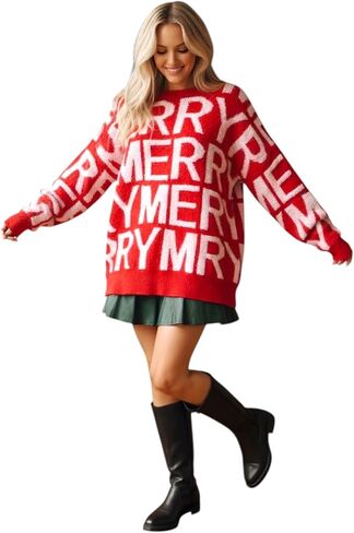 Holiday Merry Christmas Sweater for Women – Cozy Oversized Knit, Festive Red Holiday Pullover, Cute Christmas Sweater in Saudi Arabia