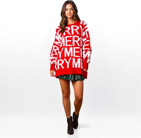 Holiday Merry Christmas Sweater for Women – Cozy Oversized Knit, Festive Red Holiday Pullover, Cute Christmas Sweater in Saudi Arabia