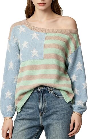 Women's 4th of July Patriotic Sweater, American Flag Stars and Stripes Off Shoulder Knit Pullover Tops in Kuwait