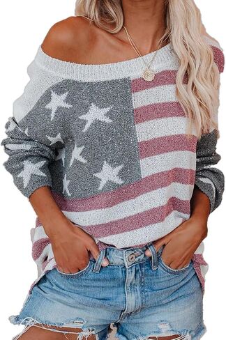 Women's 4th of July Patriotic Sweater, American Flag Stars and Stripes Off Shoulder Knit Pullover Tops in Kuwait