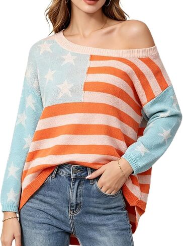 Women's 4th of July Patriotic Sweater, American Flag Stars and Stripes Off Shoulder Knit Pullover Tops in Kuwait