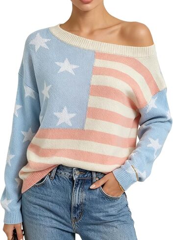 Women's 4th of July Patriotic Sweater, American Flag Stars and Stripes Off Shoulder Knit Pullover Tops in Kuwait