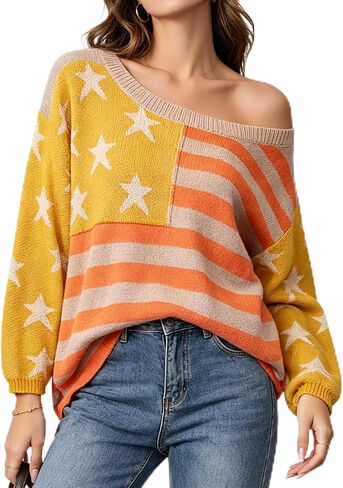 Women's 4th of July Patriotic Sweater, American Flag Stars and Stripes Off Shoulder Knit Pullover Tops in Kuwait