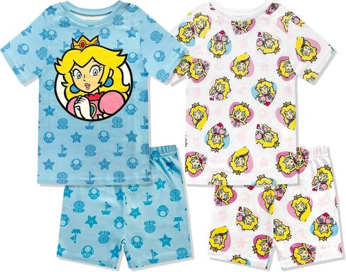 طقم بيجامة من 4 قطع من Princess Peach - قميص PJ ضيق بأكمام قصيرة وشورت، مجموعة ملابس نوم ناعمة للأطفال - ترخيص رسمي in Kuwait