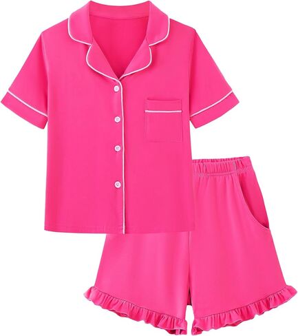 Mikrdoo Girls Pajamas Summer Short Sleeve and Shorts with Pockets 2Pcs Pajama Set for Kids Soft Sleepwear 6-16 Years in Kuwait