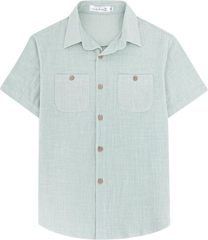 Yoimira Boys Short Sleeve Button Down Shirts Lightweight Summer Casual Cotton Woven Shirt with Pockets for Kids 6-14 Years in Kuwait