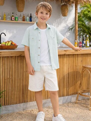 Yoimira Boys Short Sleeve Button Down Shirts Lightweight Summer Casual Cotton Woven Shirt with Pockets for Kids 6-14 Years in Kuwait