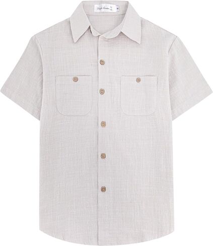 Yoimira Boys Short Sleeve Button Down Shirts Lightweight Summer Casual Cotton Woven Shirt with Pockets for Kids 6-14 Years in Kuwait