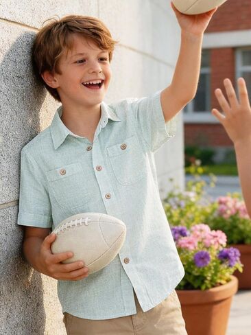 Yoimira Boys Short Sleeve Button Down Shirts Lightweight Summer Casual Cotton Woven Shirt with Pockets for Kids 6-14 Years in Kuwait