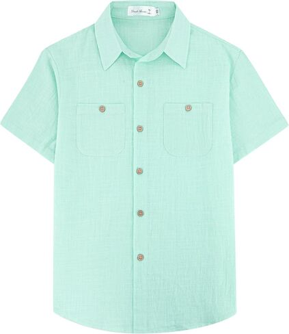 Yoimira Boys Short Sleeve Button Down Shirts Lightweight Summer Casual Cotton Woven Shirt with Pockets for Kids 6-14 Years in Kuwait