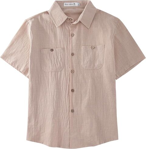 Yoimira Boys Short Sleeve Button Down Shirts Lightweight Summer Casual Cotton Woven Shirt with Pockets for Kids 6-14 Years in Kuwait