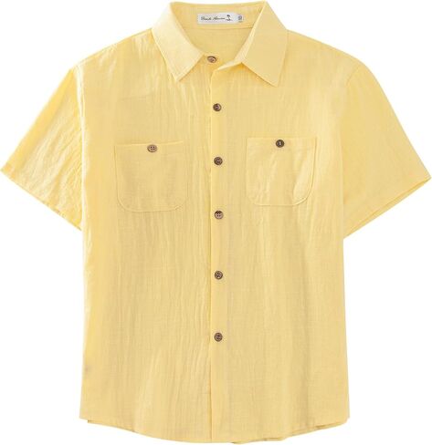 Yoimira Boys Short Sleeve Button Down Shirts Lightweight Summer Casual Cotton Woven Shirt with Pockets for Kids 6-14 Years in Kuwait