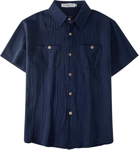 Yoimira Boys Short Sleeve Button Down Shirts Lightweight Summer Casual Cotton Woven Shirt with Pockets for Kids 6-14 Years in Kuwait