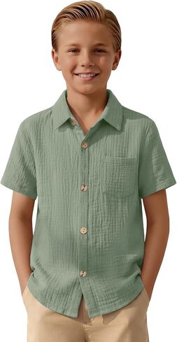 Boys Short Sleeve Shirts Button Down 100% Cotton Shirt for Kids Loose Dressy Top with Pocket Summer 5-14 Years in Kuwait
