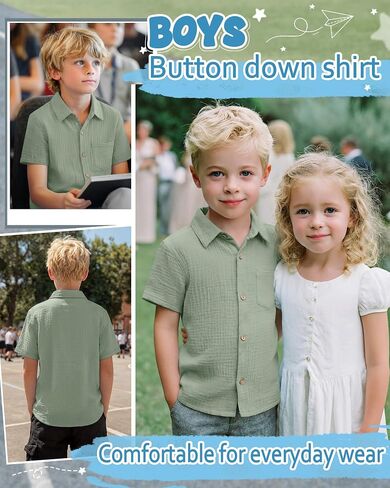 Boys Short Sleeve Shirts Button Down 100% Cotton Shirt for Kids Loose Dressy Top with Pocket Summer 5-14 Years in Kuwait