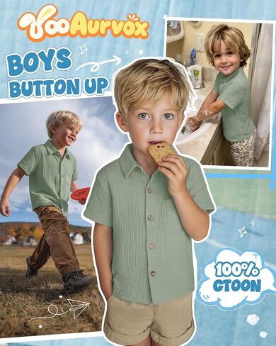 Boys Short Sleeve Shirts Button Down 100% Cotton Shirt for Kids Loose Dressy Top with Pocket Summer 5-14 Years in Kuwait