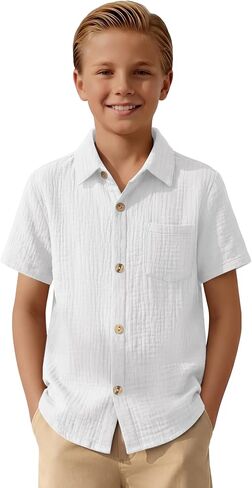 Boys Short Sleeve Shirts Button Down 100% Cotton Shirt for Kids Loose Dressy Top with Pocket Summer 5-14 Years in Kuwait