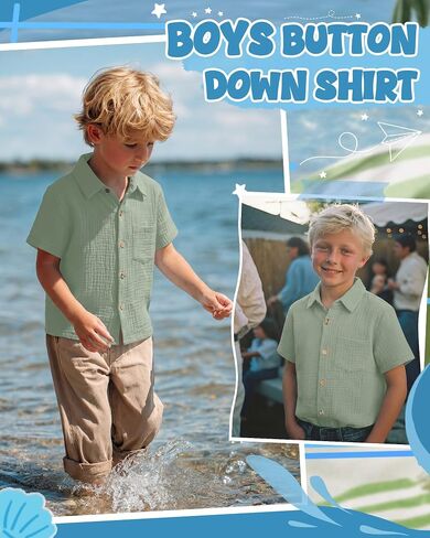 Boys Short Sleeve Shirts Button Down 100% Cotton Shirt for Kids Loose Dressy Top with Pocket Summer 5-14 Years in Kuwait