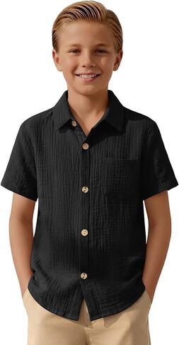 Boys Short Sleeve Shirts Button Down 100% Cotton Shirt for Kids Loose Dressy Top with Pocket Summer 5-14 Years in Kuwait
