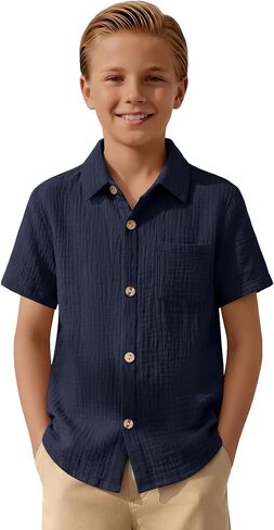 Boys Short Sleeve Shirts Button Down 100% Cotton Shirt for Kids Loose Dressy Top with Pocket Summer 5-14 Years in Kuwait