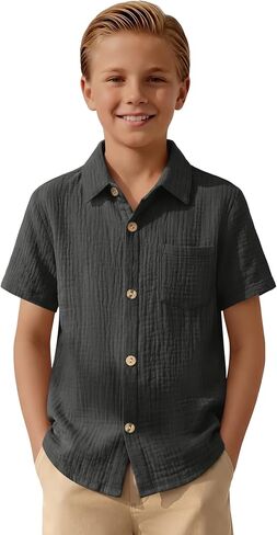 Boys Short Sleeve Shirts Button Down 100% Cotton Shirt for Kids Loose Dressy Top with Pocket Summer 5-14 Years in Kuwait