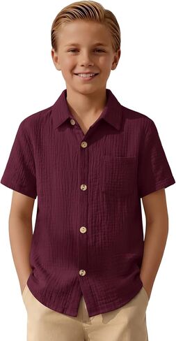 Boys Short Sleeve Shirts Button Down 100% Cotton Shirt for Kids Loose Dressy Top with Pocket Summer 5-14 Years in Kuwait