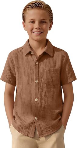 Boys Short Sleeve Shirts Button Down 100% Cotton Shirt for Kids Loose Dressy Top with Pocket Summer 5-14 Years in Kuwait